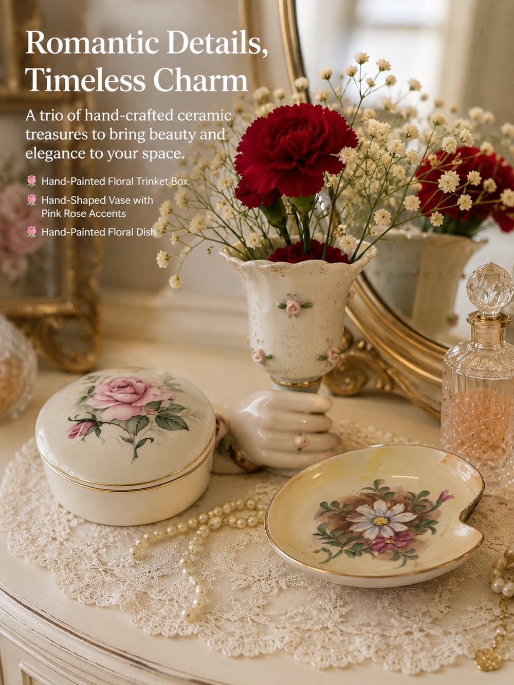 Vintage Ceramic Floral Trio in Cream and Pink with Gold Trim
